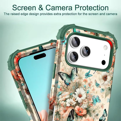 Hocase for iPhone 17 Pro Max Case, Heavy Duty Shockproof Protection Soft Silicone Rubber+Hard Plastic Bumpers Hybrid Protective Case for iPhone 17 Pro Max 2025 - Teal Green Butterflies