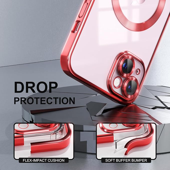 Misea Magnetic for iPhone 15 Plus Case Compatible with MagSafe [Never Yellowing] [Military Grade Drop Protection] Full Camera Lens Protector Plating Soft Clear Phone Case for Women, Red