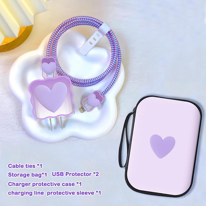 CameCosy DIY Phone Charger Case Storage Sets Cable Protector Earphone Wire Saver with Travel Storage Bag, Cute Cable Charger Protector Cord Organizer for iPhone (Purple Love Heart)