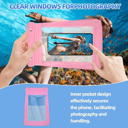 2L Floating Waterproof Phone Pouch for Up to 7.5", Large Space Adjustable Neck Lanyard Waterproof Bag. Dry Bag for Family Vacations, Beach, Pools, Kayaking, Cruises (Pink)