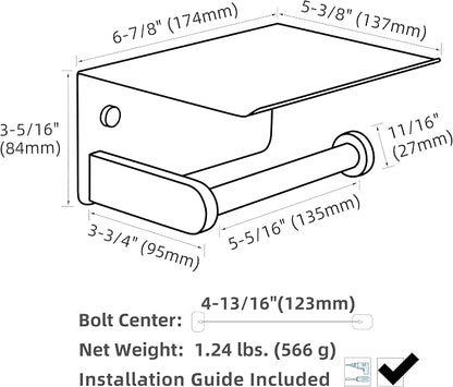 Toilet Paper Holder with Phone Shelf, APLusee SUS 304 Stainless Steel Bathroom Tissue Holder, Wall Mounted Roll Paper Dispenser, Matte Black