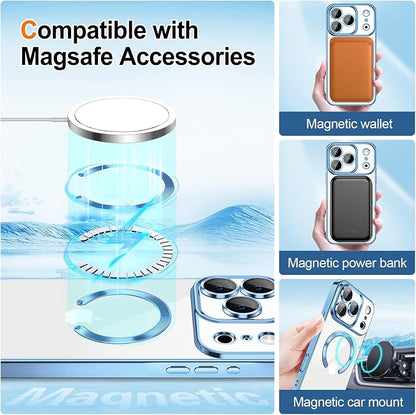 Hython for iPhone 17 Pro Case Glitter Clear Magnetic Phone Cases [Compatible with MagSafe] Full Camera Lens Protector Sparkle Luxury Plating Slim Shockproof Protective Cover Women, Light Blue