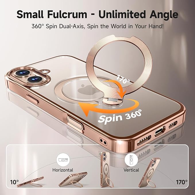 [Tri-Shield Protection] for iPhone 16 Case with 360° Spin Stand Compatible with MagSafe [Magnetic CD Ring] [Screen & Camera Lens Protector] Shockproof Plating Never-Yellowing, Desert Gold-6.1"