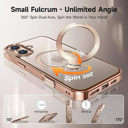 [Tri-Shield Protection] for iPhone 16 Case with 360° Spin Stand Compatible with MagSafe [Magnetic CD Ring] [Screen & Camera Lens Protector] Shockproof Plating Never-Yellowing, Desert Gold-6.1"