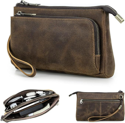 CONTACTS Crazy Horse Leather Travel Electronic Organizer Cables Chargers Accessories Storage Case Holder Clutch Bag with 3 Compartments