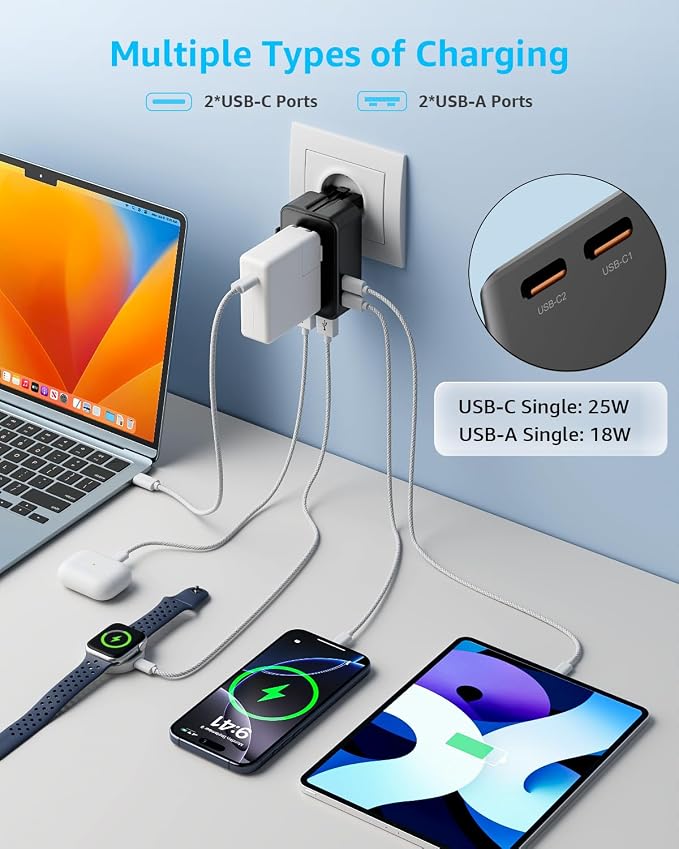 “Air” Universal Travel Adapter 2 USB-C＆ 2 USB-A Cover 200+ Countries | PD 25W, International Plug Adapter, All in One Portable Adapter, NOT A Voltage Converter, for USA, UK, EU, AU (Black)