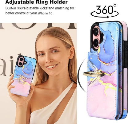 HAOPINSH for iPhone 16 Wallet Case with Card Holder, 360°Rotation Ring Kickstand, Pink Blue Marble Pattern, RFID Blocking Leather for Girls Women, Double Buttons Protective Cover 6.1"