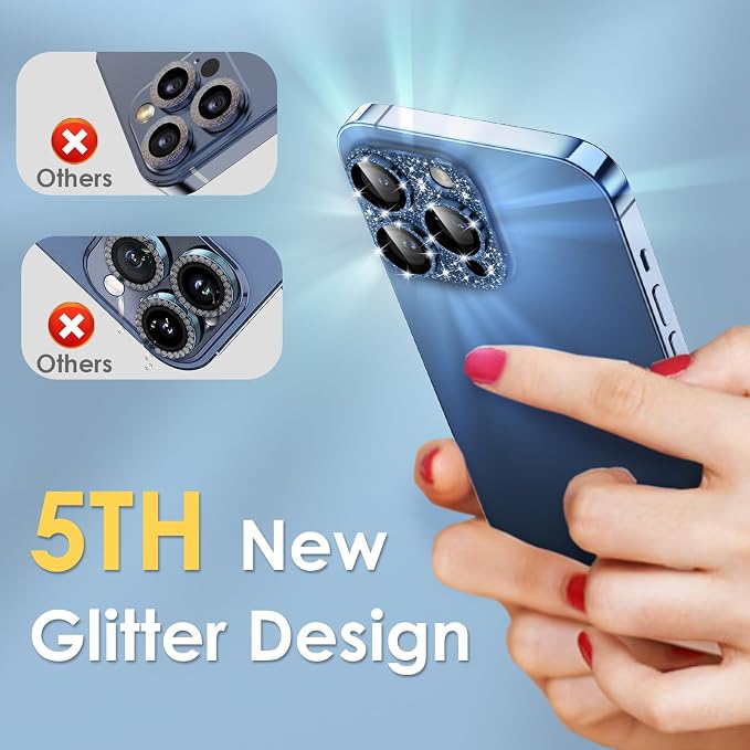 YWXTW for iPhone 15 Pro/iPhone 15 Pro Max Camera Lens Protector, [5TH Gen New Glitter Design] Full Bling Sparkly Diamond Tempered Glass Screen Protector Metal Camera Cover Accessories (Blue)