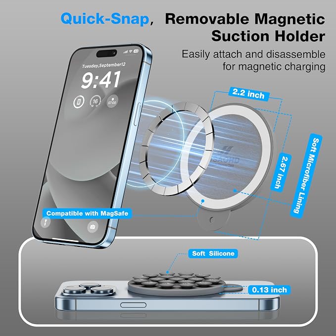Magnetic Suction Cup Phone Mount with MagSafe, Silicone Hands-Free Grip Holder for iPhone Case and Android, Mirror Shower Phone Stand for Makeup FaceTime Gym Kitchen Bathroom, Gray