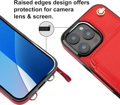 Bocasal Crossbody Wallet Case for iPhone 16 Pro Max, RFID Blocking Leather Purse Case with Card Holder, Protective Handbag Flip Cover with Zipper Wrist Strap Lanyard for Women 5G 6.9 Inch (Red)