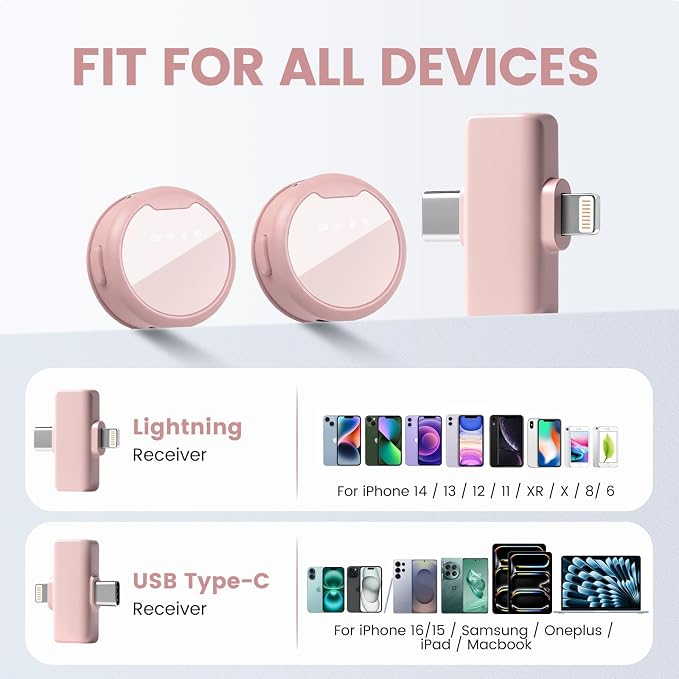 Wireless Lavalier Microphones for iPhone/Android/iPad, Mini Microphones with Noise Reduction, 2.4GHz, Magnetic Clip, Lapel Mics Wireless for Video Recording, Streaming, Vlogging, YouTube Tiktok, 131FT