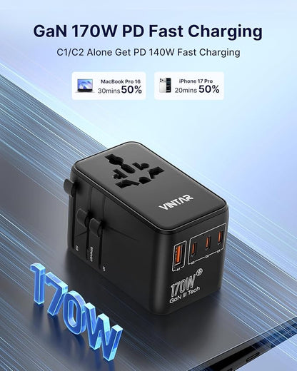 VINTAR 170W GaN Universal Travel Adapter, 6-in-1 International Power Adapter with 2AC, 3 USB-C PD & 1 USB-A QC, All-in-One Charger Compatible with EU/UK/US/AU for Laptops, Tablets, Phones, Cameras