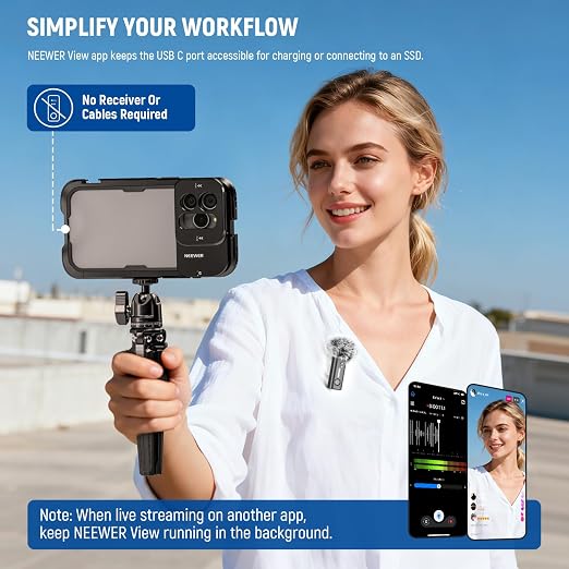 NEEWER KM23B Wireless Lavalier Microphone Bluetooth App Control, Compatible with iPhone Android Phone 8Hrs Battery Vocal Enhancement Noise Cancellation Volume Adjustment Low Cut for Streaming Vlogging