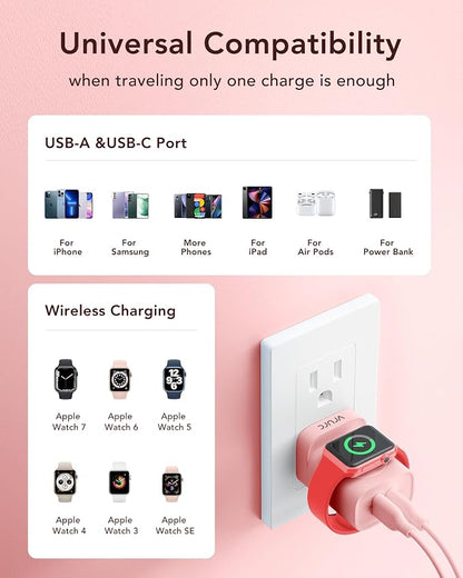 VRURC Charger for iPhone & Apple Watch, 20W USB C Fast Charging Block, 3-in-1 Compact Travel Adapter with 2 Port for iPhone 17/16/15/14/13, Wireless Magnetic for iWatch SE/11/10/9/8/7/6/5/4-Pink