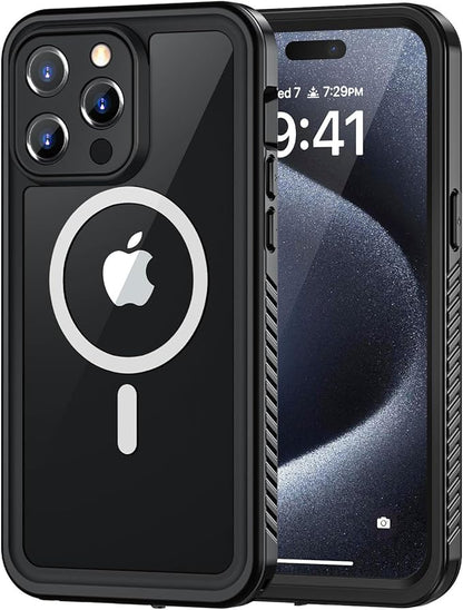 Lanhiem Magnetic for iPhone 15 Pro Case, Waterproof Dustproof Cover [Built in Screen Protector] [Compatible with MagSafe], Full Body Heavy Duty Phone Case for iPhone 15 Pro - 6.1” (Black)