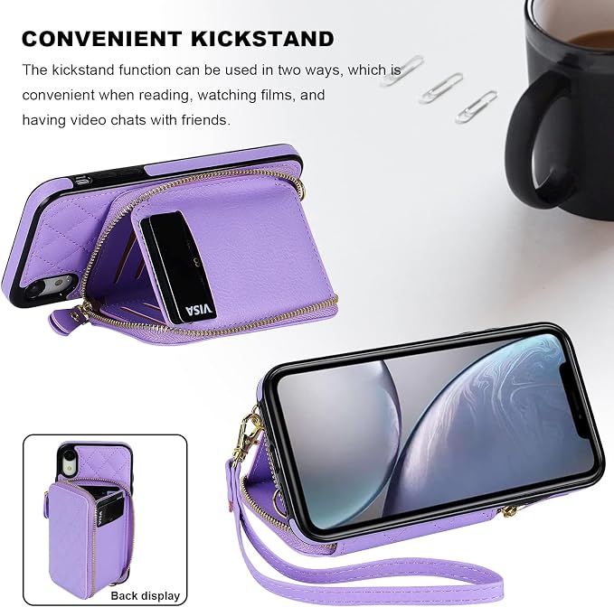 Bocasal Crossbody Wallet Case for iPhone Xr, RFID Blocking PU Leather Zipper Handbag Purse Flip Cover, Kickstand Folio Case with Card Slots Holder Wrist Strap Lanyard 6.1 Inch (Purple)