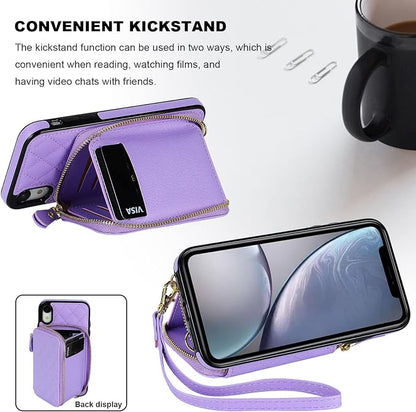 Bocasal Crossbody Wallet Case for iPhone Xr, RFID Blocking PU Leather Zipper Handbag Purse Flip Cover, Kickstand Folio Case with Card Slots Holder Wrist Strap Lanyard 6.1 Inch (Purple)