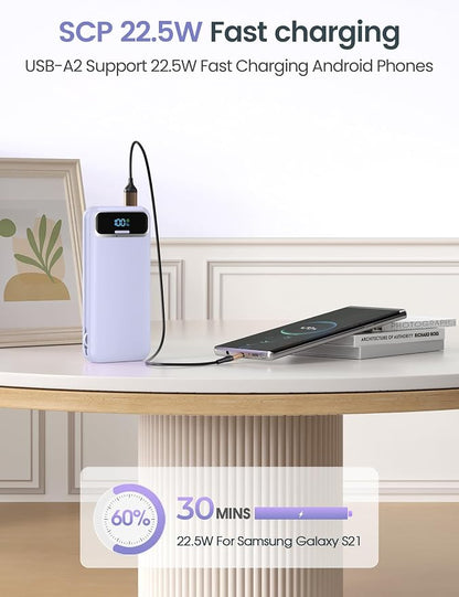 12000mAh Lightweight-Portable-Charger-Power-Bank with Built-in Cables and AC Wall Plug, PD20W USB-C Fast Charging Battery Pack, LED Display External Travel Phone Charger for All iPhone,Samsung,Android