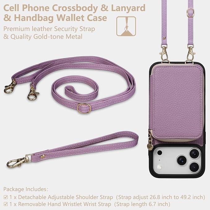 Keallce Case for iPhone 17 Pro Max 6.9'' Case Wallet, Crossbody Zipper Purse with RFID Blocking Card Slots Kickstand, Lanyard & Handstrap Flip Folio Leather Phone Cover for iPhone 17 Pro Max, Purple