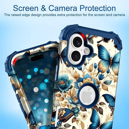 Hocase for iPhone 16 Plus Case 6.7", Heavy Duty Shockproof Protection Soft Silicone Rubber+Hard Plastic Bumpers Hybrid Protective Case for iPhone 16 Plus 2024 - Blue Butterflies