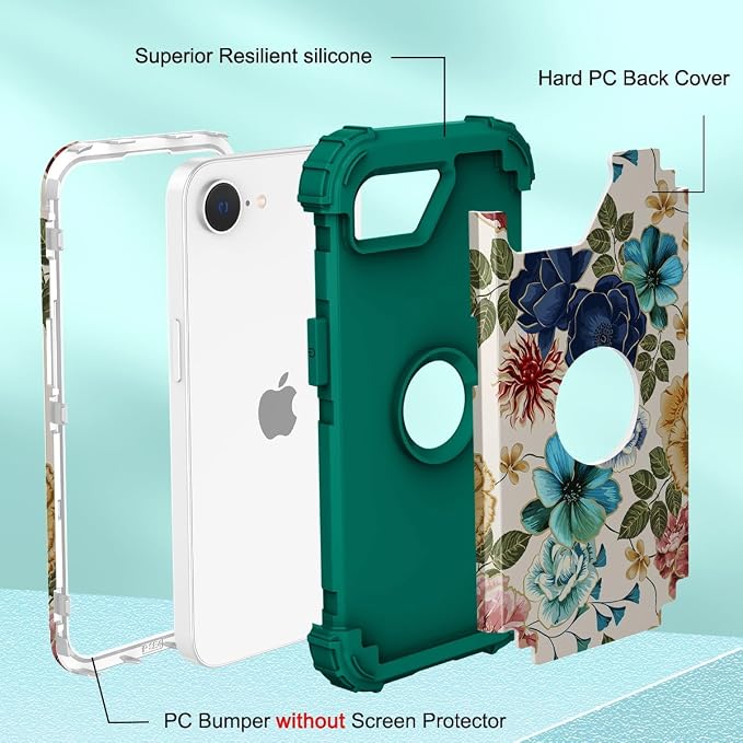 Hocase for iPhone 17e/iPhone 16e Case, Heavy Duty Shockproof Protection Hard Plastic+Silicone Rubber Hybrid Protective Phone Case for iPhone 17e/16e 6.1" - Teal Flowers