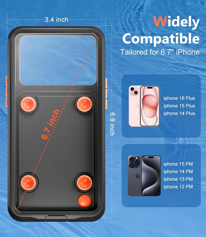 Underwater Phone Case for Snorkeling, [IP68 Waterproof] [Sensitive Inflated Touchscreen] [Precise Buttons], Only for 6.7" iPhone 15/14/13/12 Pro Max, iPhone 16/15/14 Plus, Black