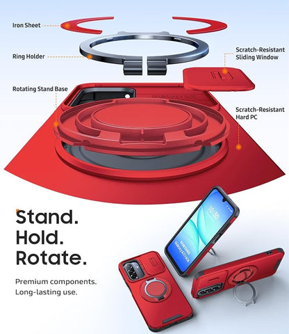 JAME for Samsung Galaxy A17/A16 5G Case, Ring Holder Stand, Slide Camera Cover, 2 Pack Screen Protectors, Dual-Layer Shockproof Protective, Magnetic Accessory Friendly Galaxy A16/A17 4G Case, Red