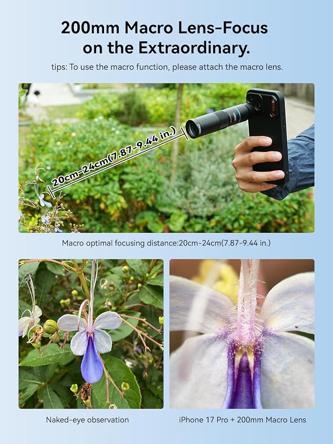 MIAO LAB HD 10X Telephoto Lens & 200mm Macro Lens, 2-in-1 Aluminum Phone Camera Lens Kit with 17mm Lens Thread Interface Mobile Phone case. Phone Lens Attachment Fit for iPhone 17 Pro