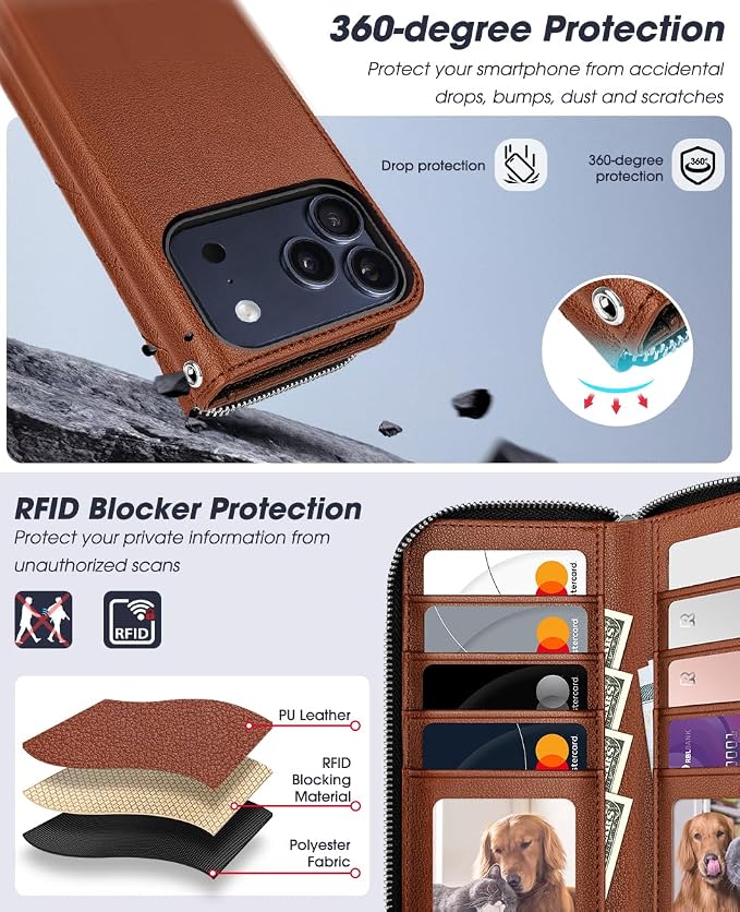OCASE for iPhone 17 Pro Max Crossbody Detachable Wallet Case, PU Leather Handbag Phone Purse with Zipper Closure, Card Slots & RFID Blocking, Wrist Strap, Lanyard, Kickstand, Diamond Check Brown