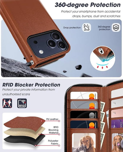 OCASE for iPhone 17 Pro Max Crossbody Detachable Wallet Case, PU Leather Handbag Phone Purse with Zipper Closure, Card Slots & RFID Blocking, Wrist Strap, Lanyard, Kickstand, Diamond Check Brown