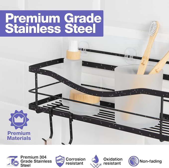 KINCMAX Premium Shower Caddy - Self Adhesive Shower Shelf with 4 Hooks - No Drill Large Capacity Stainless Steel Rack - Aesthetic Organizer for Bathroom Wall Decor - Matte Black