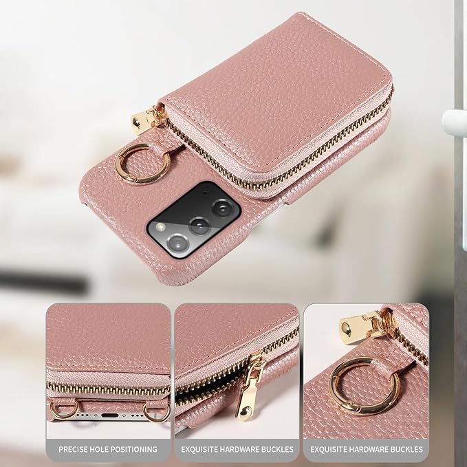 Wallet Case for Samsung Galaxy Note 20 5G with Shoulder Strap Ring Buckle, PU Leather Flip Organ Purse, Card Holder Stand Phone Cover for Note20 Notes 20s Twenty Not S20 Women Men Rose Gold
