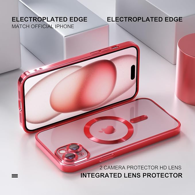 Misea Magnetic for iPhone 15 Case Compatible with MagSafe [Never Yellowing] [Military Grade Drop Protection] Full Camera Lens Protector Plating Soft Clear Phone Case for Women, Red