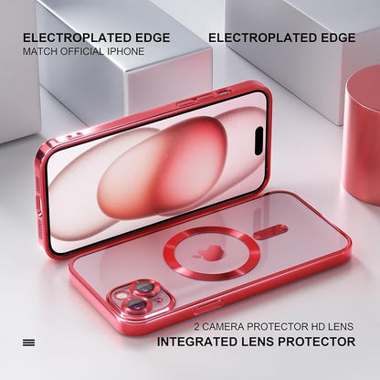 Misea Magnetic for iPhone 15 Plus Case Compatible with MagSafe [Never Yellowing] [Military Grade Drop Protection] Full Camera Lens Protector Plating Soft Clear Phone Case for Women, Red