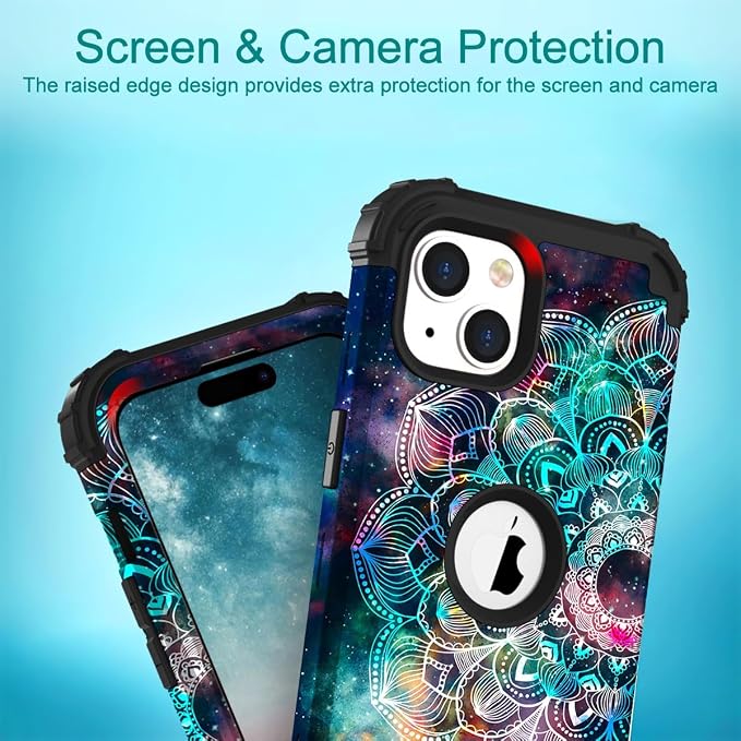 Hocase for iPhone 15 Case, Heavy Duty Shockproof Protection Soft Silicone Rubber Bumper+Hard Plastic Hybrid Protective Case for iPhone 15 (6.1" Display) 2023 - Mandala in Galaxy