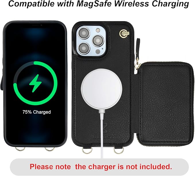 Bocasal for MagSafe Crossbody Wallet Case Compatible with iPhone 14 Pro Max, RFID Blocking Protective Purse Case with Card Slots Holder Kickstand Wrist Strap Lanyard Zipper 6.7 Inch 5G (Black)