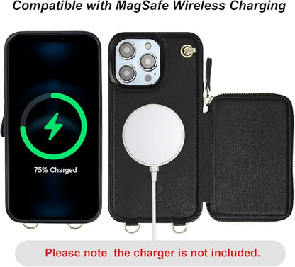 Bocasal for MagSafe Crossbody Wallet Case Compatible with iPhone 14 Pro Max, RFID Blocking Protective Purse Case with Card Slots Holder Kickstand Wrist Strap Lanyard Zipper 6.7 Inch 5G (Black)