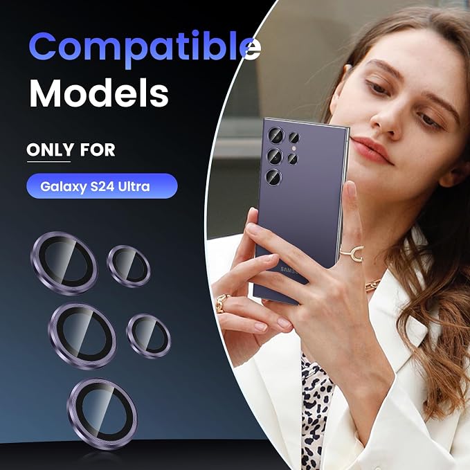 Tensea (3+2PCS for Samsung Galaxy S24 Ultra 5G Camera Lens Protector, 9H Tempered Glass Camera Cover Screen Protector Metal Individual Ring for S24 Ultra 5G 2024 [Installation Tray][Case Friendly]