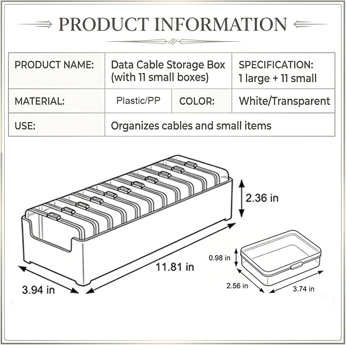 2 Pack Cable Organizer Box with 22 Mini Boxes, Clear Cord Storage Case