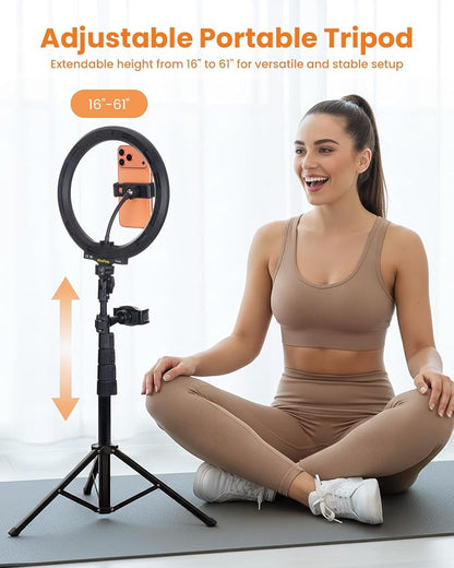 10" Desk Ring Light with 66'' Tripod Stands & Phone Holder, LED Circle Ring Lights Compatible with All Phones, 3 Color & 10 Brightness Level, for Live Stream, Makeup, Selfie, YouTube, TikTok