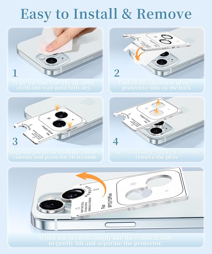 GolbinBox Camera Lens Protector for iPhone 15/15 Plus, 1:1 Invisible Fit, 9H Tempered Glass Ultra HD Metal Individual Camera Cover for Women, Case Friendly, Bling/Silver