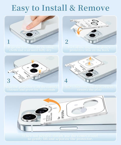 GolbinBox Camera Lens Protector for iPhone 15/15 Plus, 1:1 Invisible Fit, 9H Tempered Glass Ultra HD Metal Individual Camera Cover for Women, Case Friendly, Bling/Silver