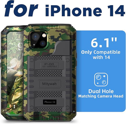 Mitywah Waterproof Case for iPhone 14, Heavy Duty Shockproof Case with Built-in Screen Protector, Full Body Underwater Protective Metal Case 6.1 inch, Camouflage