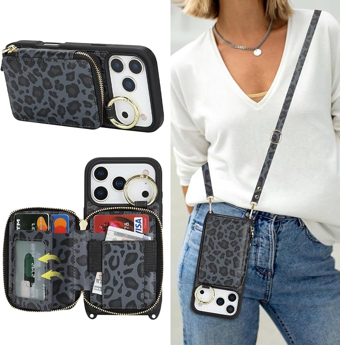 Crossbody Wallet Case for iPhone 17 Pro, PU Leather Zipper Handbag Purse Flip Cover, Kickstand Folio Case with Card Slots Holder Wrist Strap Lanyard 5G 6.3 Inch-Black Leopard