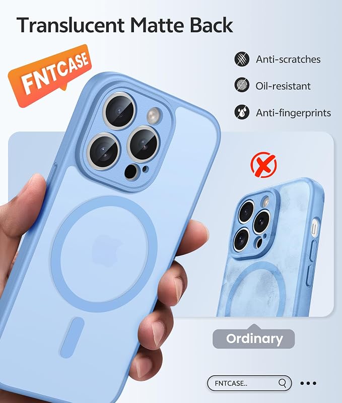 FNTCASE for iPhone 14 Pro Max Case: [Compatible with Magsafe] Translucent Matte Cases with [Full Camera Protection] [Screen Protector] Military Grade Shockproof Protective Phone Cover - Light Blue