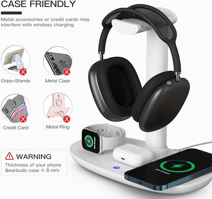 Headphone Stand with 15w Wireless Charger, Suguder 4 in 1 Charging Station Headset Holder for AirPods Max/Pro/4/3/2 iWatch 10/9/8/7/6/5/4/3/2/1/SE iPhone 17/16/15/14/13/12/11/X for Desktop Table Game