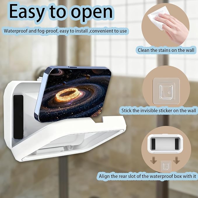 Shower Phone Holder Waterproof - [IPX6 Waterproof] 480° Rotation Wall Mount Shower Phone Case, Anti-Fog High Sensitive HD Detachable Phone Mount for Kitchen Bathroom Bathtub , Fit 4-7" Phone - White