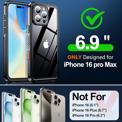 MOZOTER for iPhone 16 Pro Max Case Waterproof,[IPX8 Underwater Case][Full Body Shockproof & Military Dropproof] Clear Sound Quality Built-in Screen Protector for iPhone 16 Pro Max 6.9 inch-Black