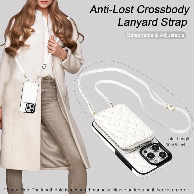 Bocasal Crossbody Wallet Case for iPhone 15 Pro, RFID Blocking PU Leather Zipper Handbag Purse Flip Cover, Kickstand Folio Case with Card Slots Holder Wrist Strap Lanyard 5G 6.1 Inch (White)