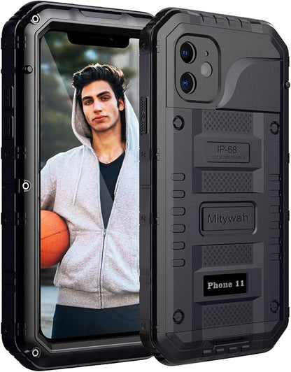 Mitywah Waterproof Case for iPhone 11, Heavy Duty Durable Metal Full Body Protective Case Built-in Screen Protection Waterproof Shockproof Dustproof Rugged Military Grade Defender, Black